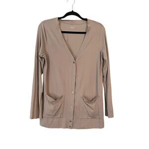 Garnet Hill Light Brown Light Cardigan M Pockets Green Cotton Minimalist Cozy